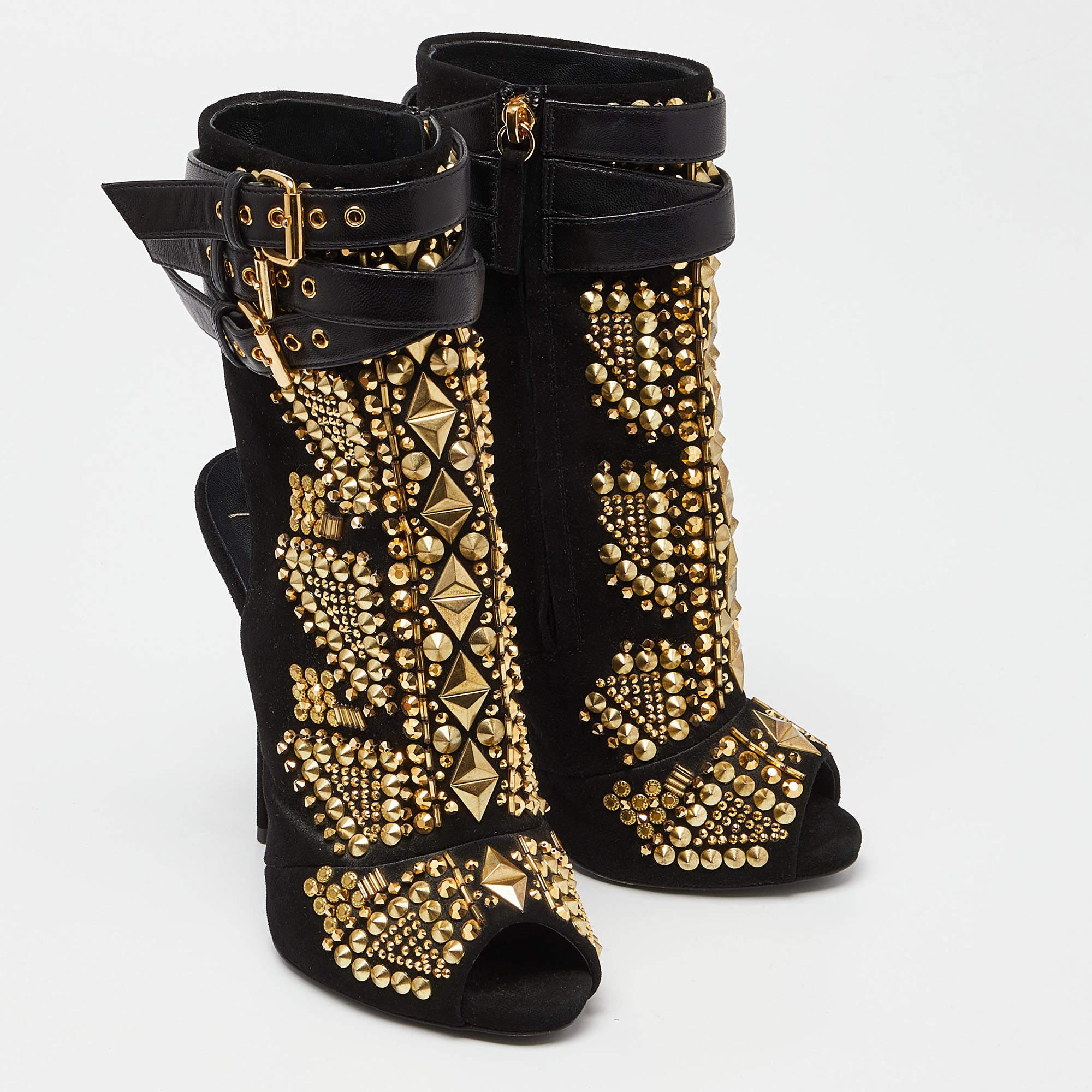 Giuseppe Zanotti Black Suede and Leather Studded Cutout Peep Toe Ankle Boots Siz For Sale 1