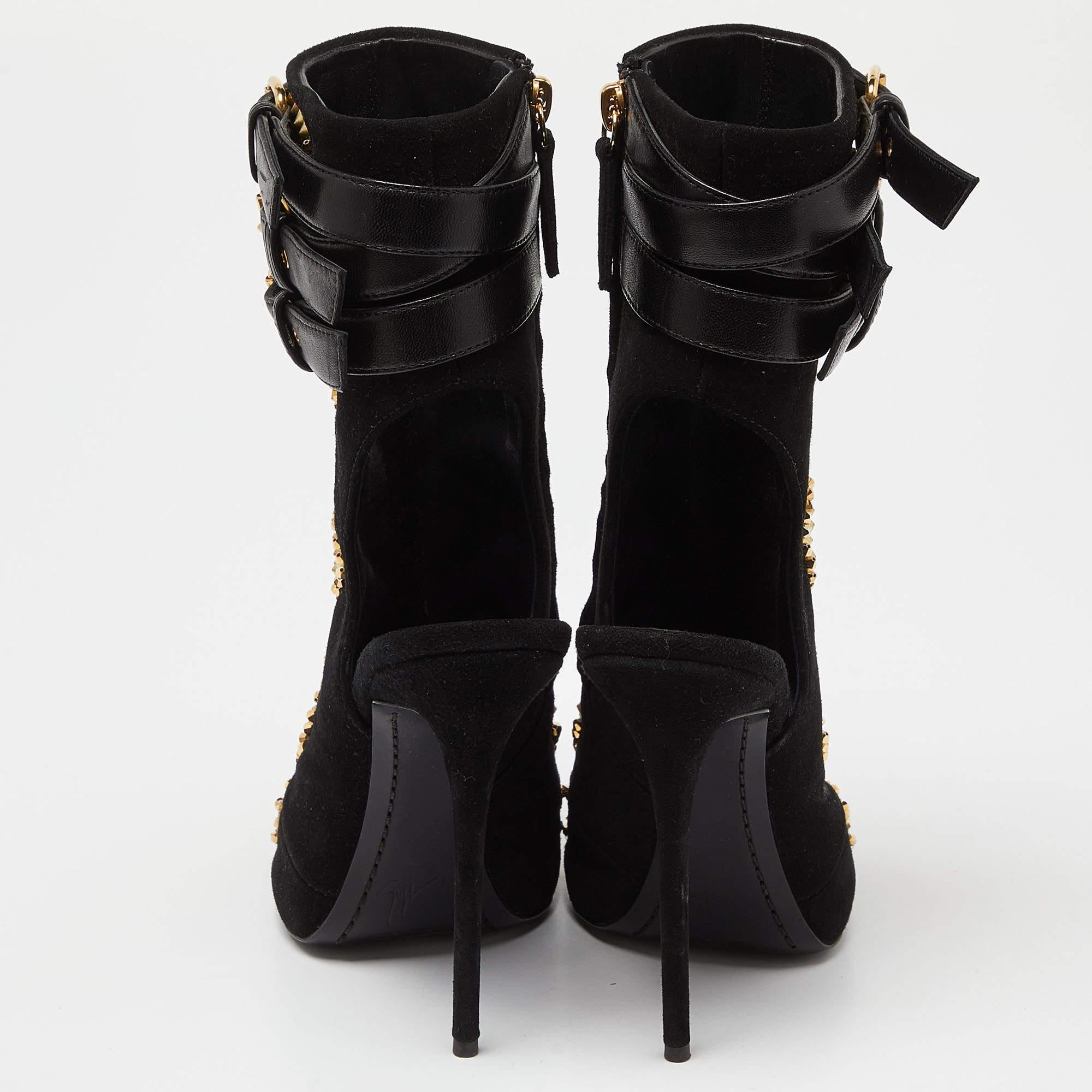 Giuseppe Zanotti Black Suede and Leather Studded Cutout Peep Toe Ankle Boots Siz For Sale 2