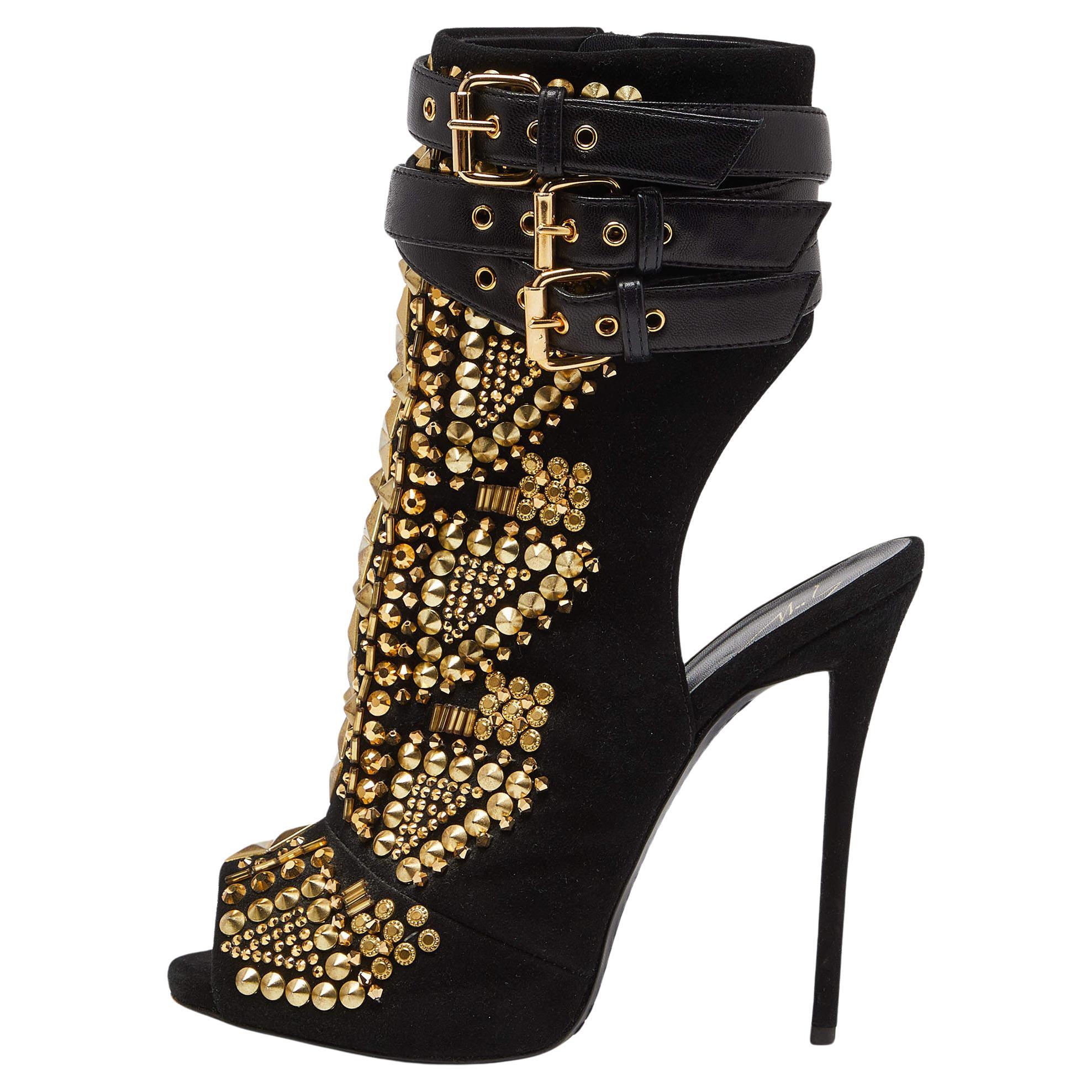 Giuseppe Zanotti Black Suede and Leather Studded Cutout Peep Toe Ankle Boots Siz For Sale