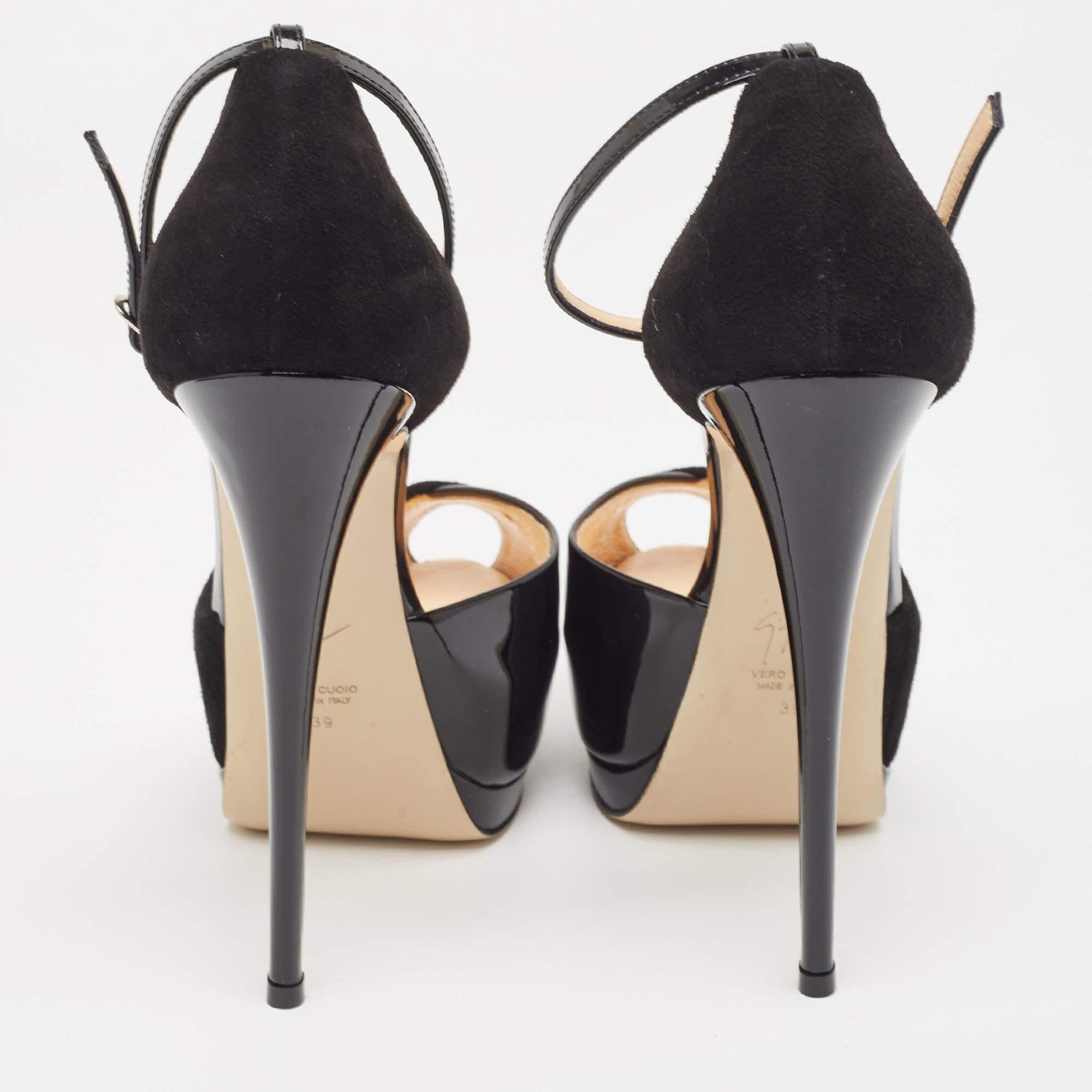 Giuseppe Zanotti Black Suede and Patent Peep Toe Ankle Strap Sandals Size 39 For Sale 1