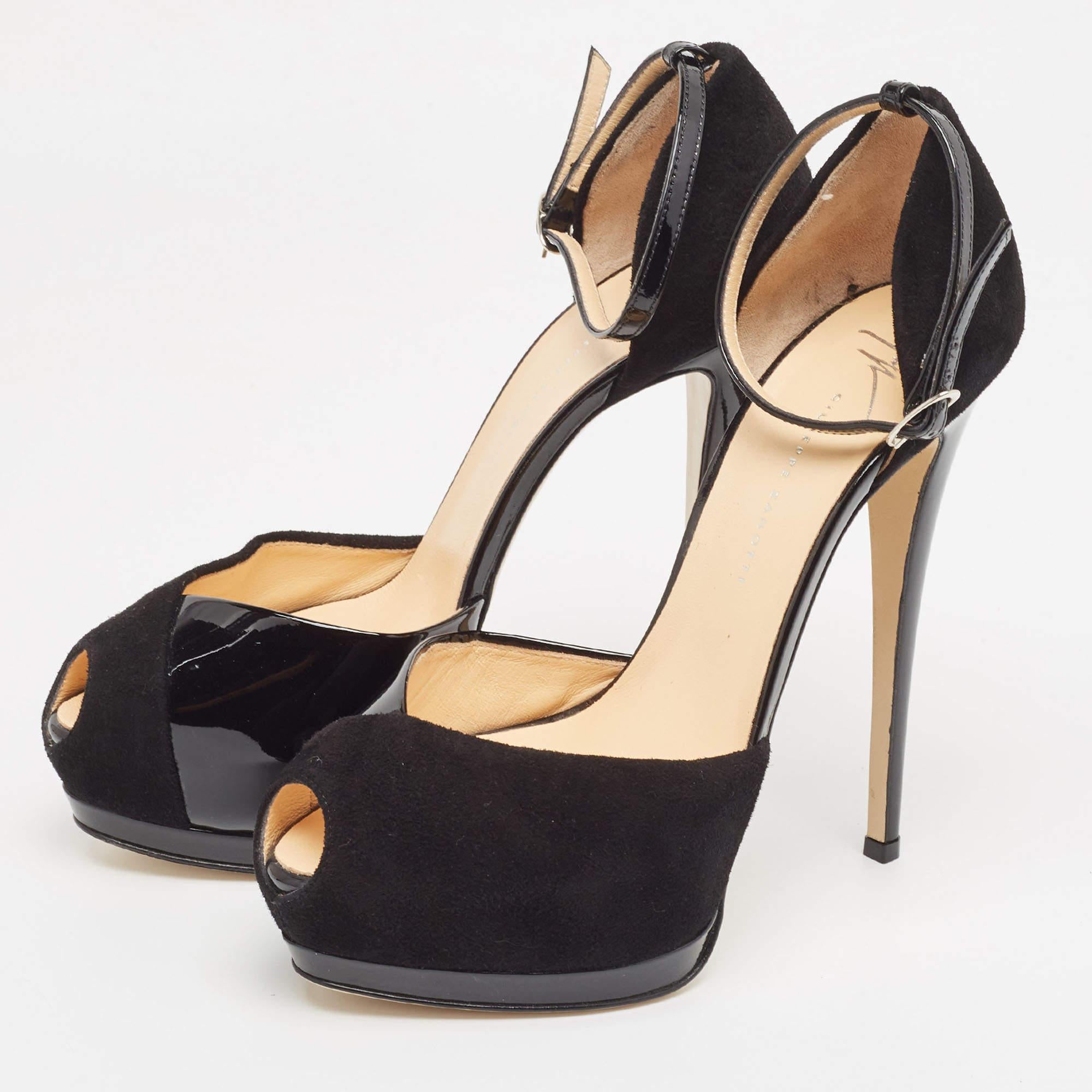 Giuseppe Zanotti Black Suede and Patent Peep Toe Ankle Strap Sandals Size 39 For Sale 4