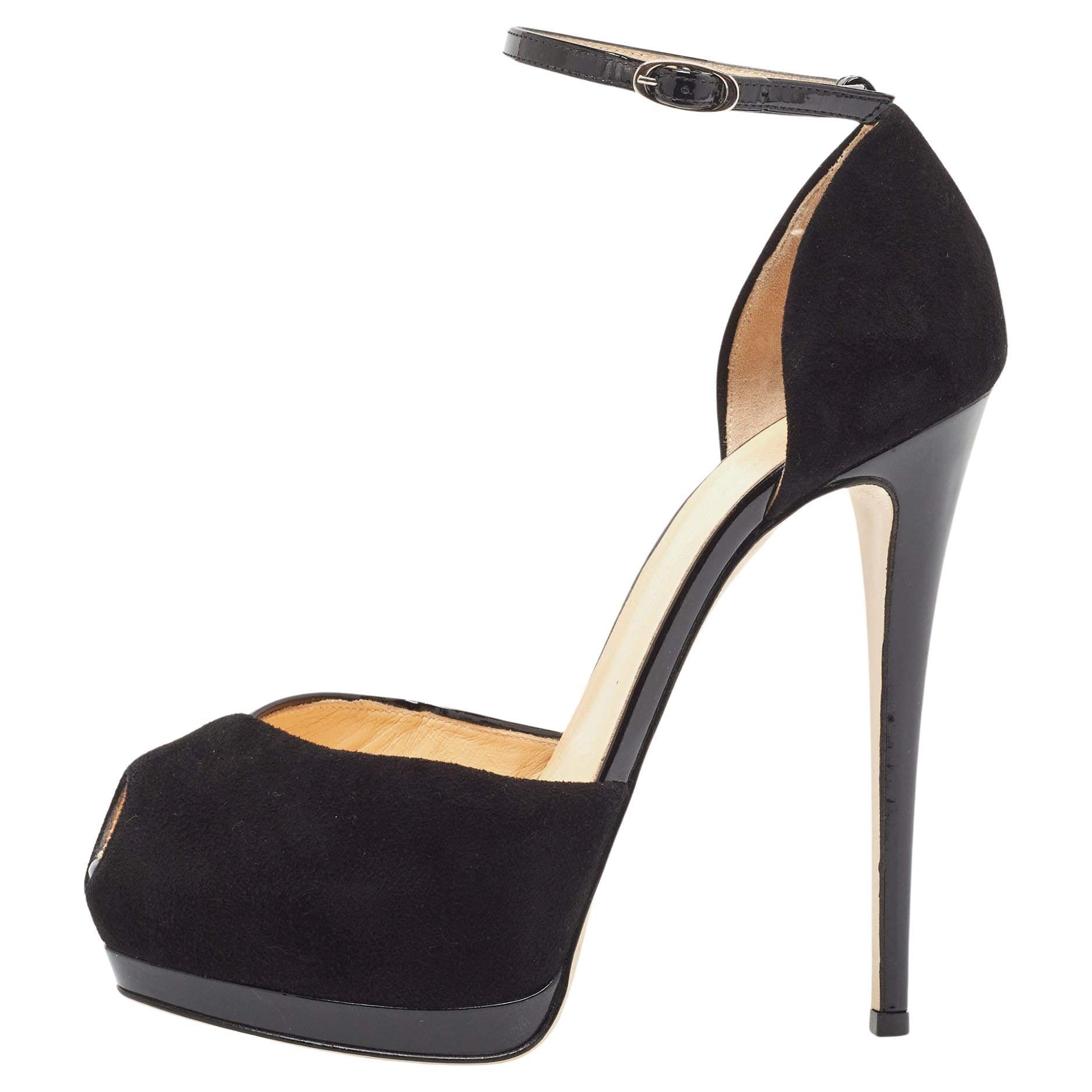 Giuseppe Zanotti Black Suede and Patent Peep Toe Ankle Strap Sandals Size 39 For Sale