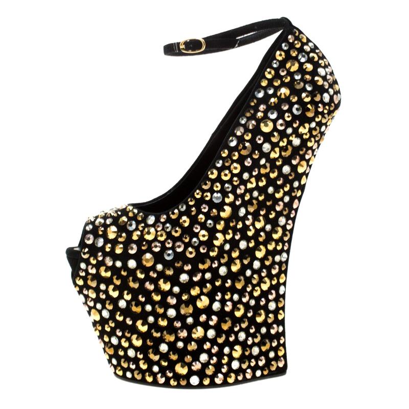 Giuseppe Zanotti Black Suede Crystal Embellished Exaggerated Wedge