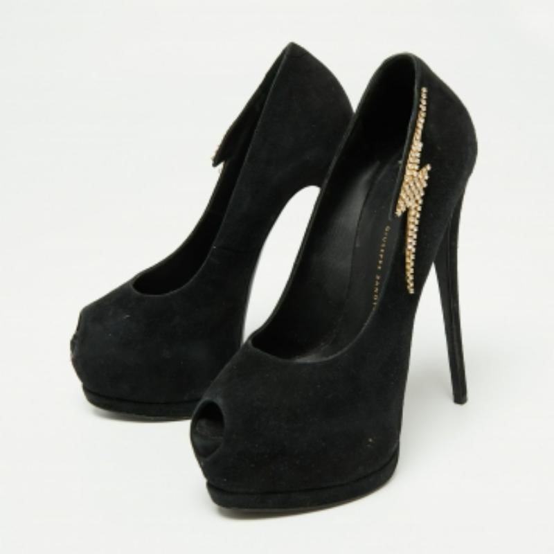 Giuseppe Zanotti Escarpins Peep Toe en daim noir avec ornements en cristal Taille 39 Pour femmes en vente