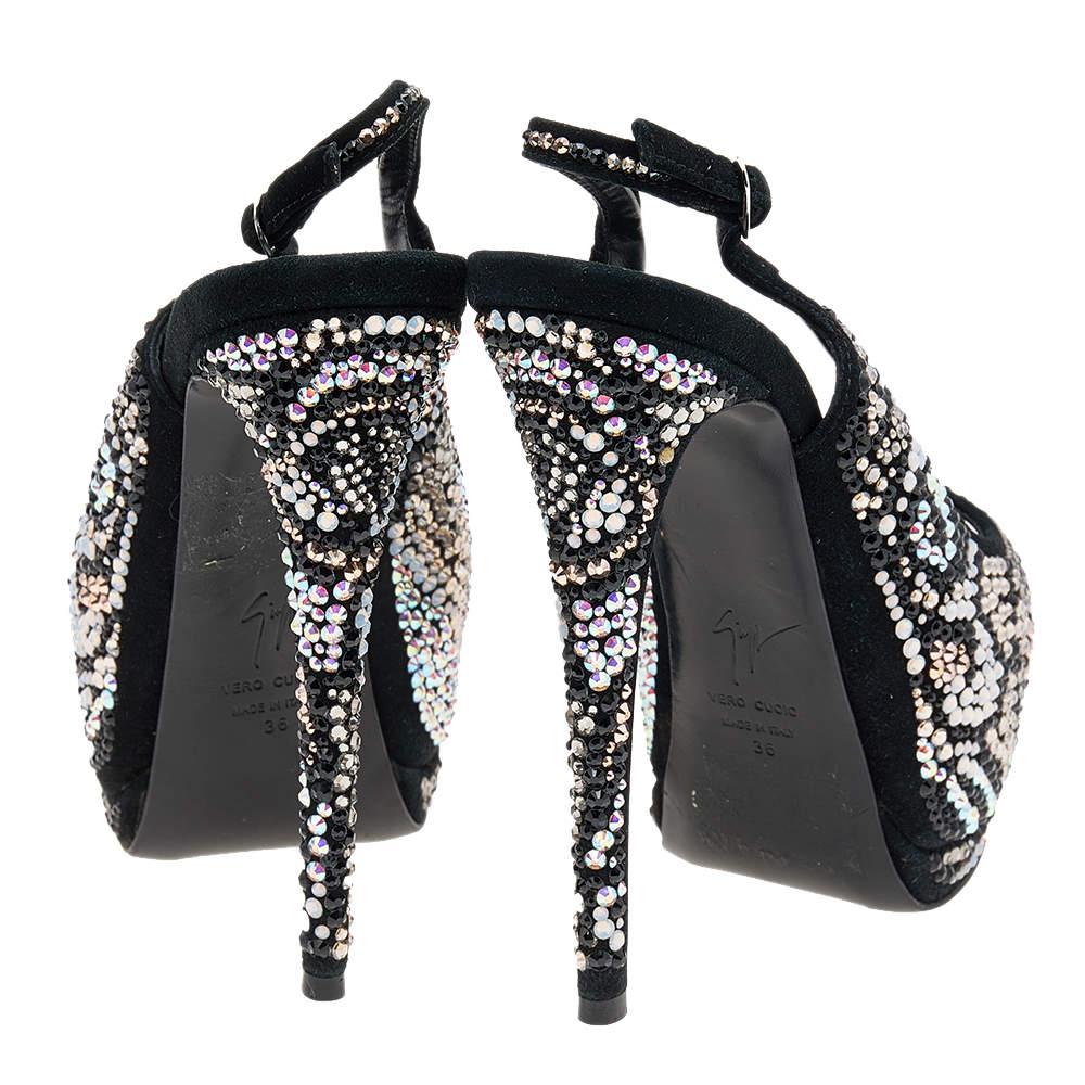 Giuseppe Zanotti Black Suede Crystal Embellished Sharon Peep Toe Platform Sandal In Good Condition For Sale In Dubai, Al Qouz 2