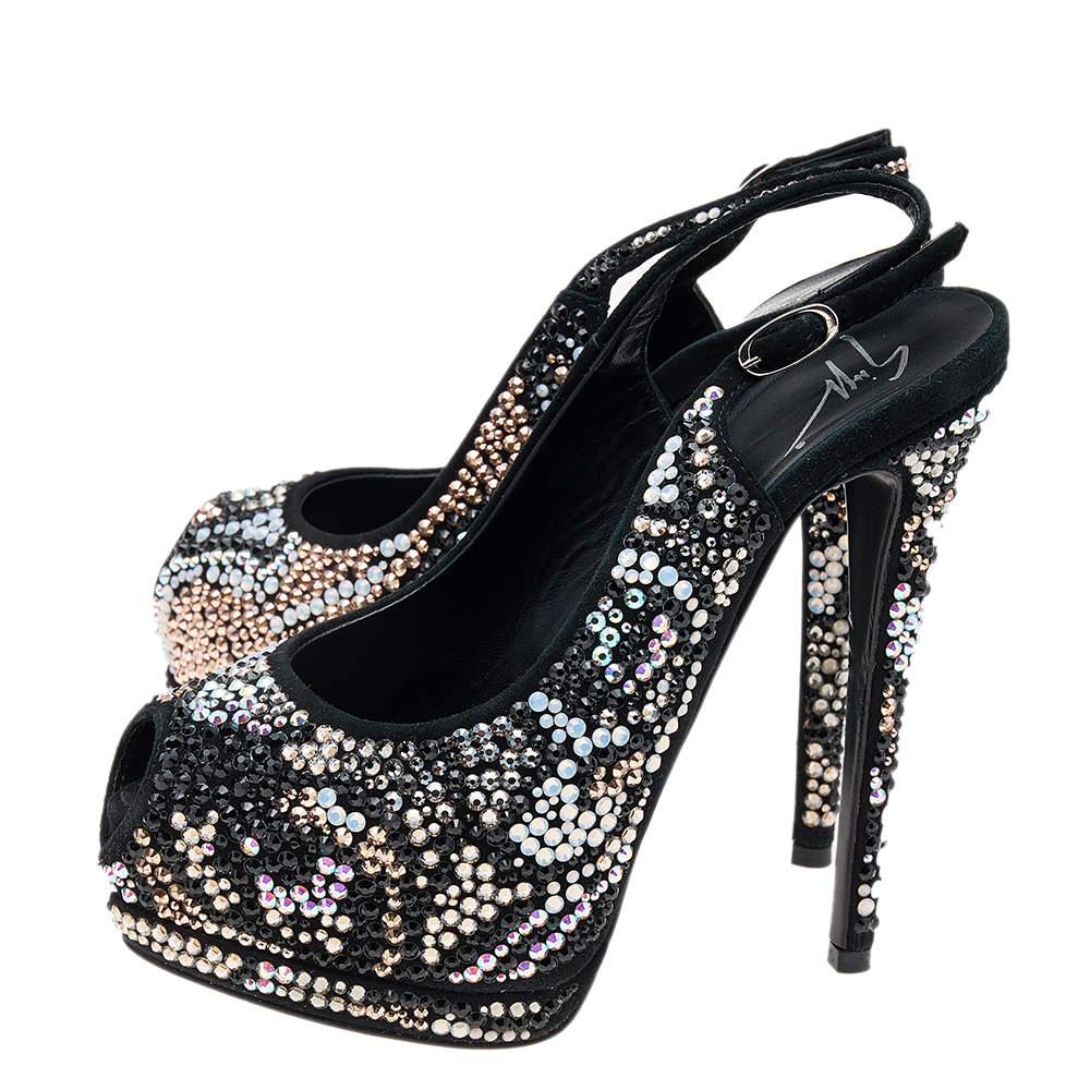Women's Giuseppe Zanotti Black Suede Crystal Embellished Sharon Peep Toe Platform Sandal For Sale