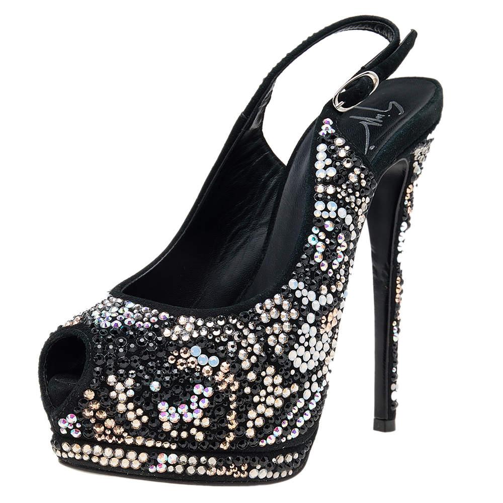 Giuseppe Zanotti Black Suede Crystal Embellished Sharon Peep Toe Platform Sandal For Sale 2