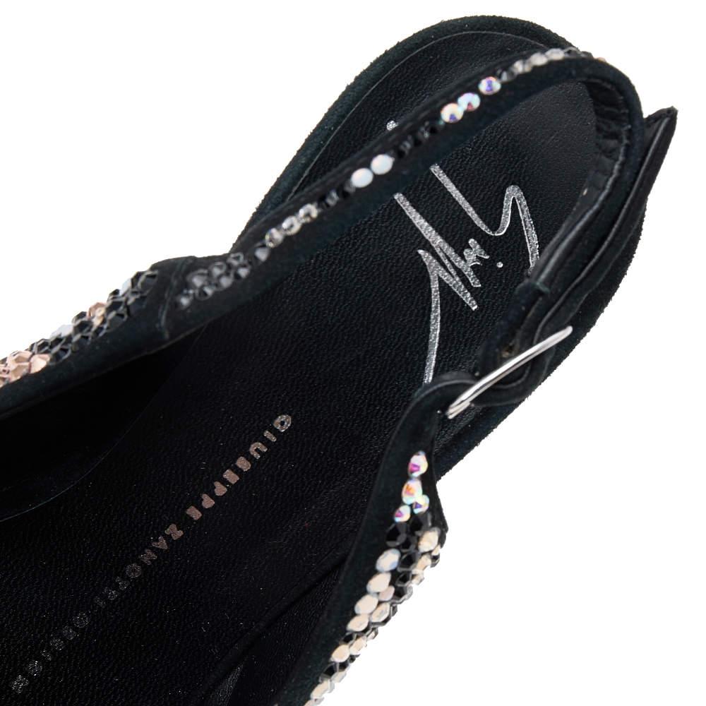 Giuseppe Zanotti Black Suede Crystal Embellished Sharon Peep Toe Platform Sandal For Sale 3
