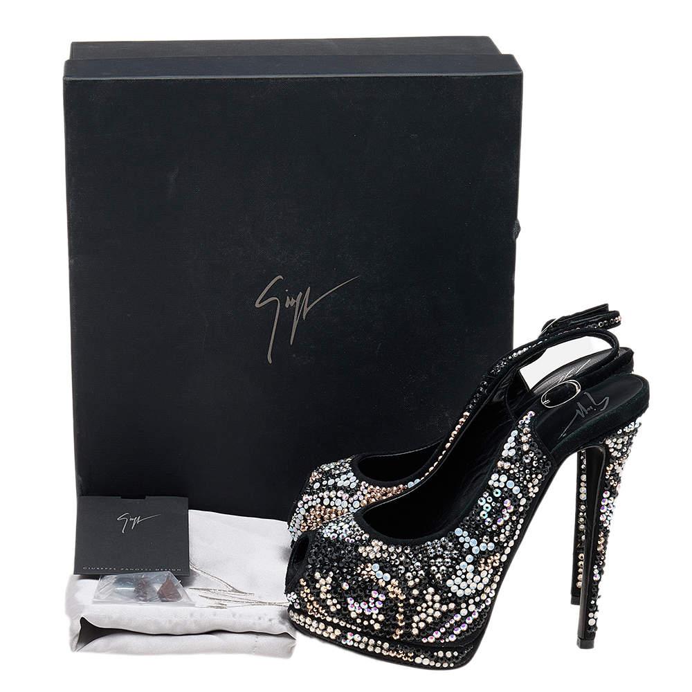 Giuseppe Zanotti Black Suede Crystal Embellished Sharon Peep Toe Platform Sandal For Sale 4