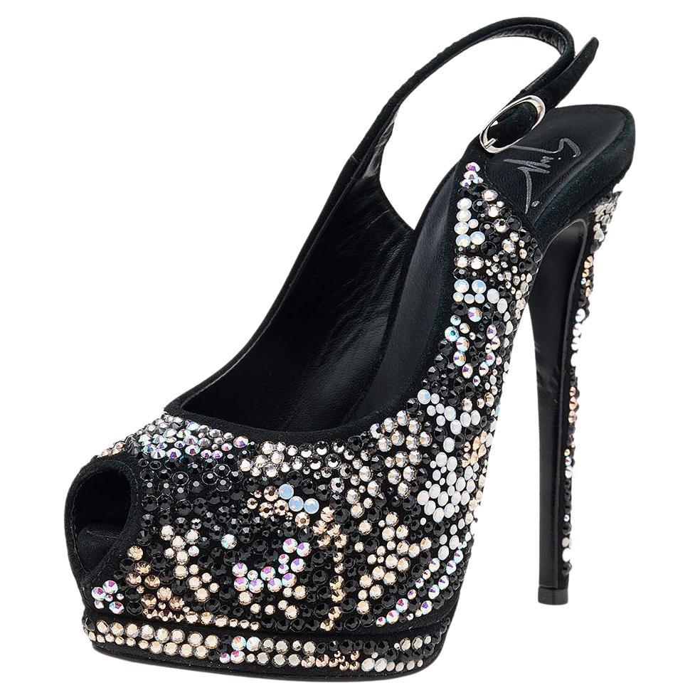 Giuseppe Zanotti Black Suede Crystal Embellished Sharon Peep Toe Platform Sandal For Sale