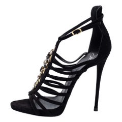 Giuseppe Zanotti Black Suede Crystal Embellished T-Bar Sandals Size 40