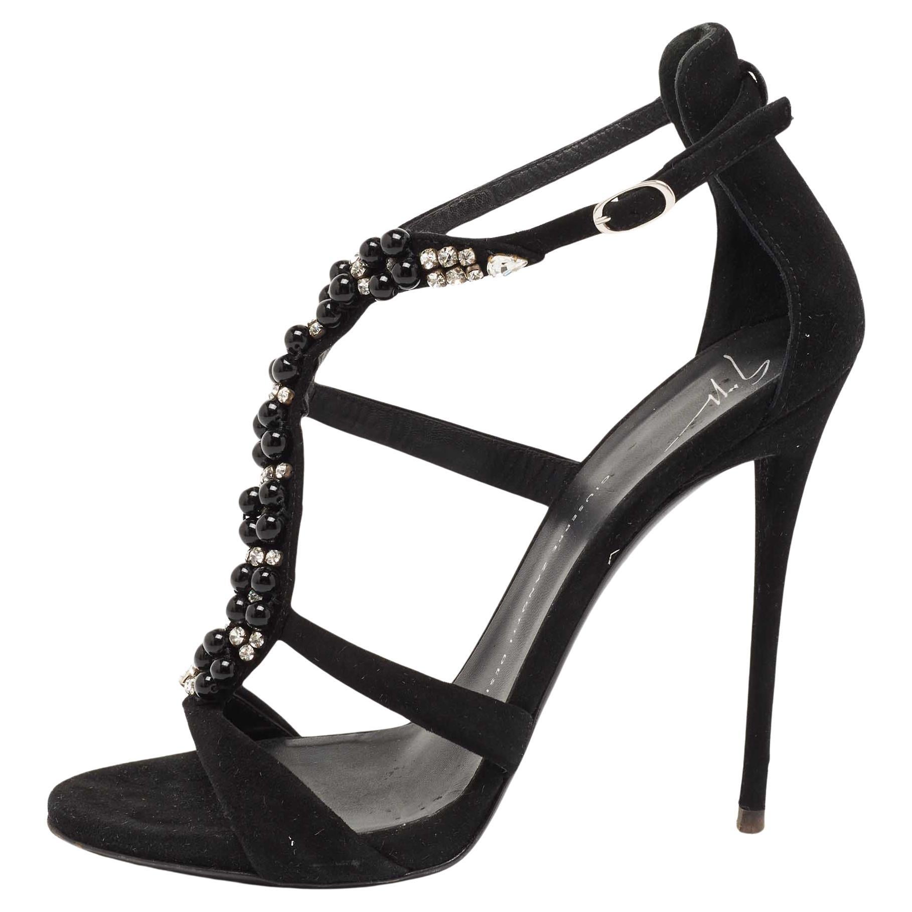 Giuseppe Zanotti Black Suede Crystal Embellished T-Strap Sandals Size 39 For Sale