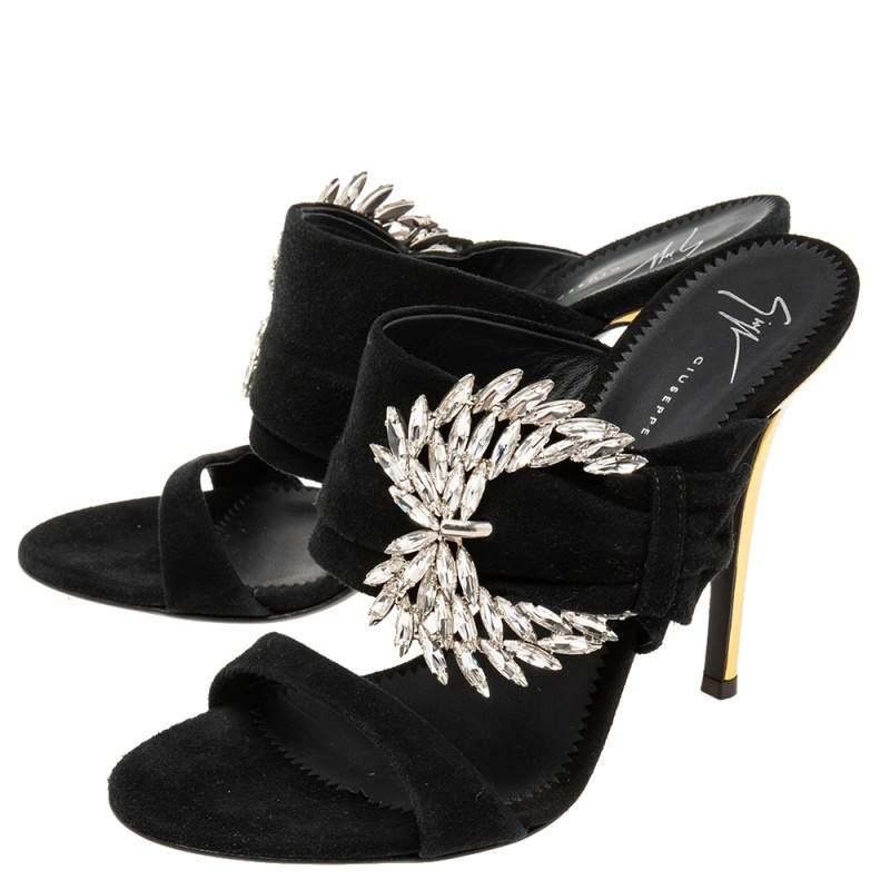 Women's Giuseppe Zanotti Black Suede Crystal Embellished Wing Buckle Slide Sandals Size  For Sale