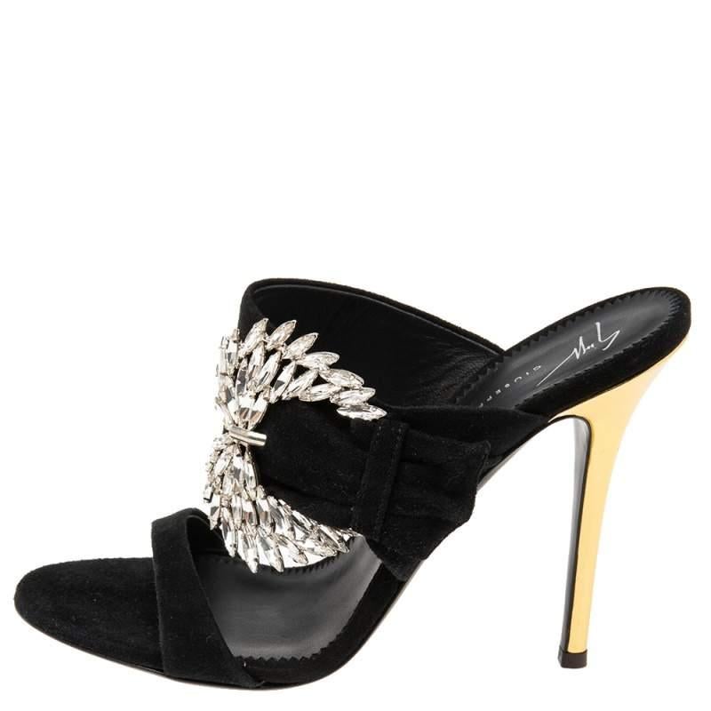 Giuseppe Zanotti Black Suede Crystal Embellished Wing Buckle Slide Sandals Size  For Sale 3
