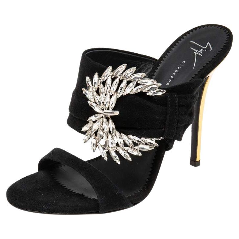 Giuseppe Zanotti Black Suede Crystal Embellished Wing Buckle Slide Sandals Size  For Sale