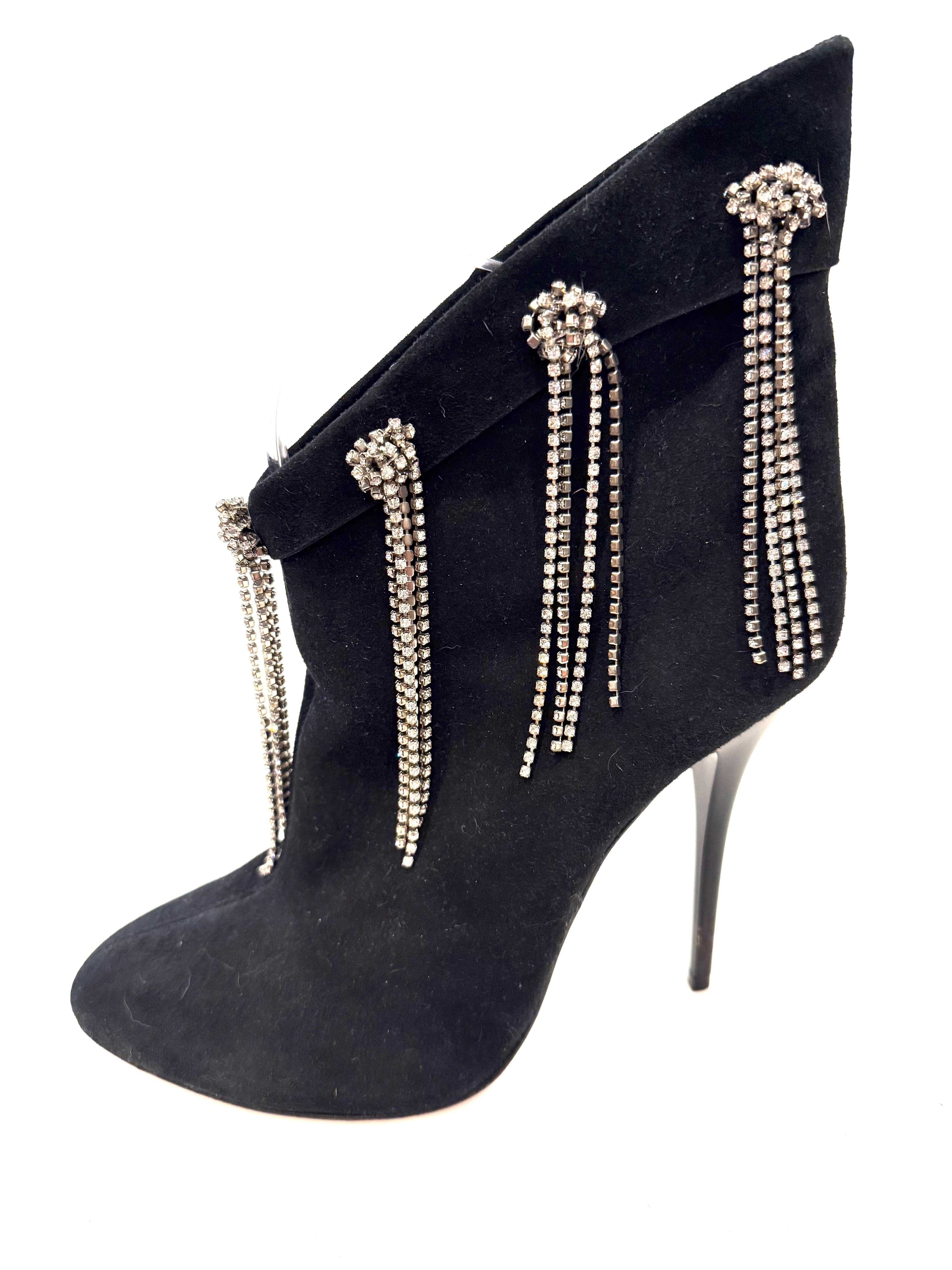 Giuseppe Zanotti Black Suede Crystal Fringe Ankle Boots  Fall 2018  Size 39 For Sale 1