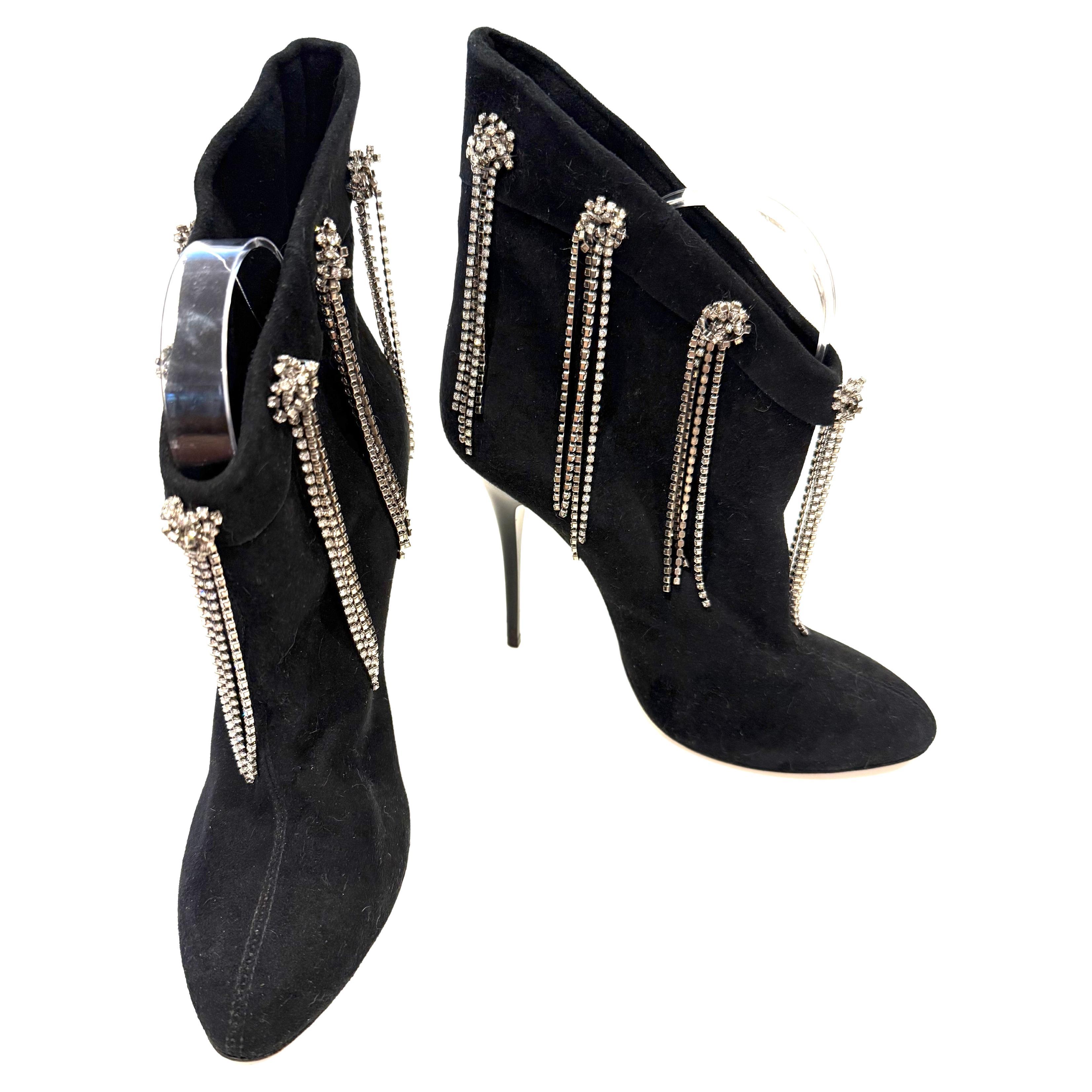 Giuseppe Zanotti Black Suede Crystal Fringe Ankle Boots  Fall 2018  Size 39 For Sale