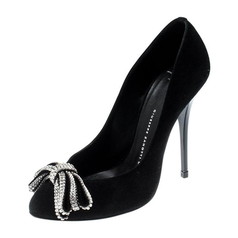 Giuseppe Zanotti Black Suede Crystals Embellished Bow Pumps Size 37 For ...