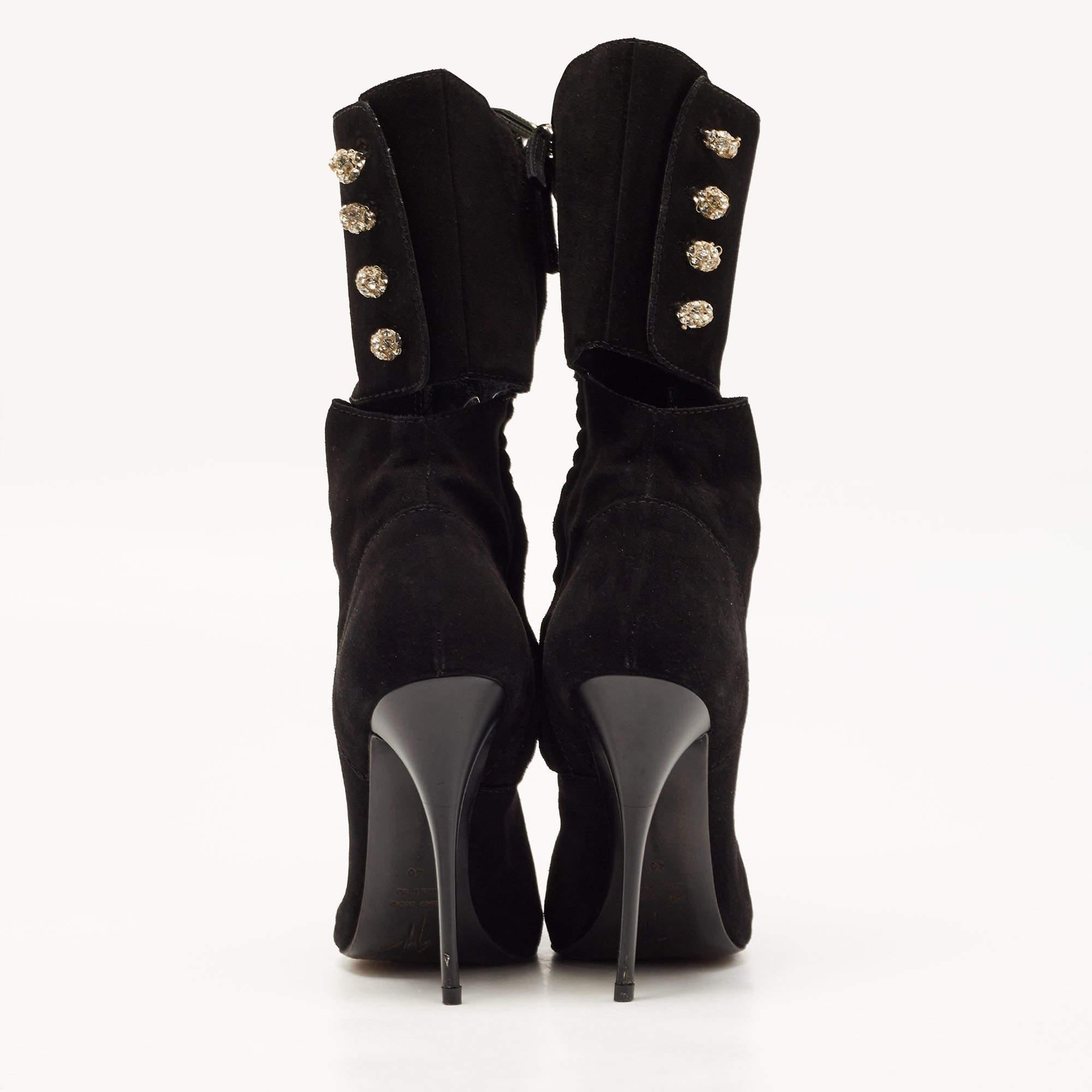Giuseppe Zanotti Black Suede Crystals Embellished Mid Calf Boots Size 40 For Sale 1
