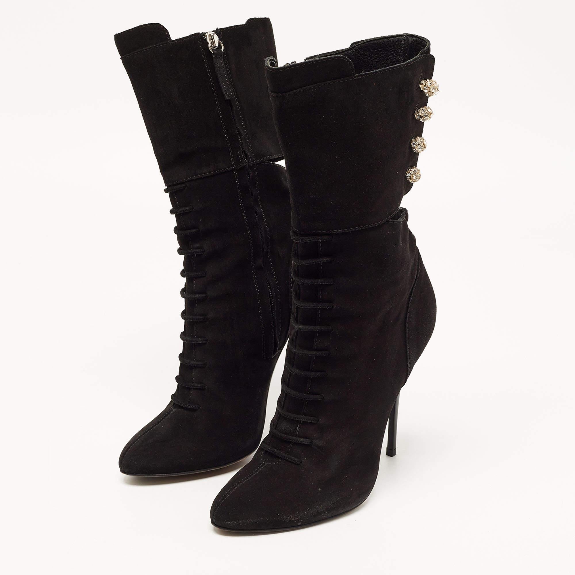 Giuseppe Zanotti Black Suede Crystals Embellished Mid Calf Boots Size 40 For Sale 2