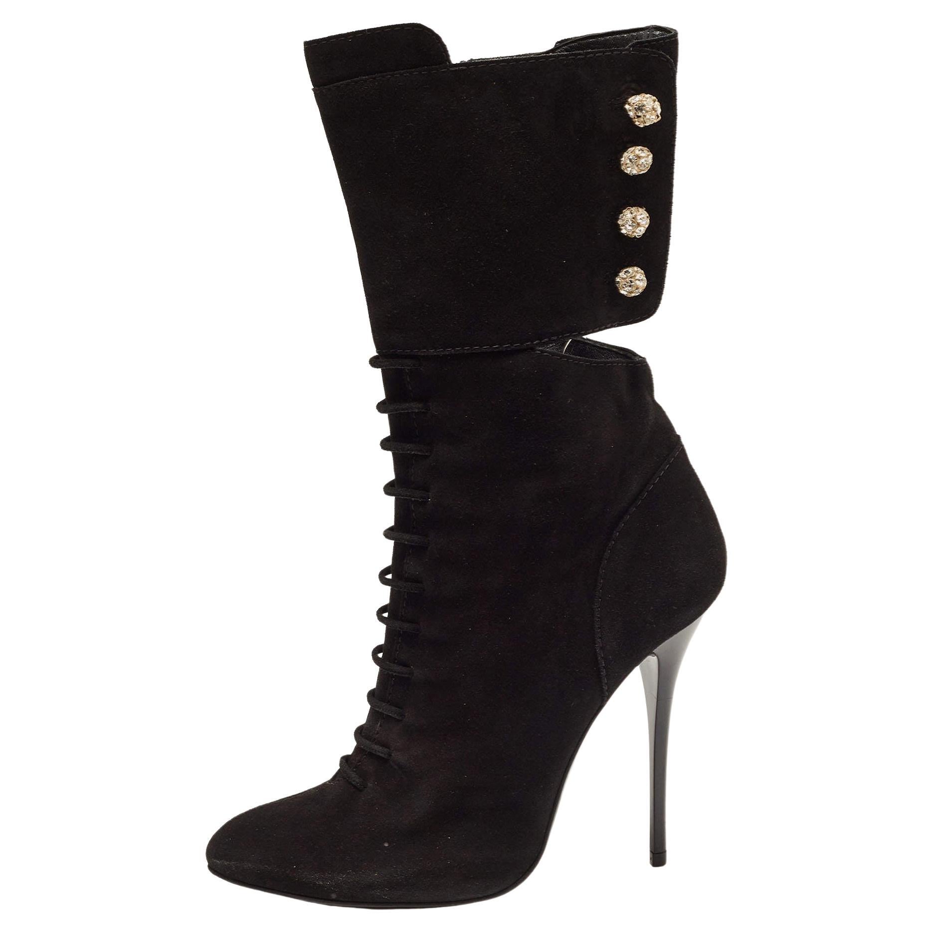 Giuseppe Zanotti Black Suede Crystals Embellished Mid Calf Boots Size 40 For Sale