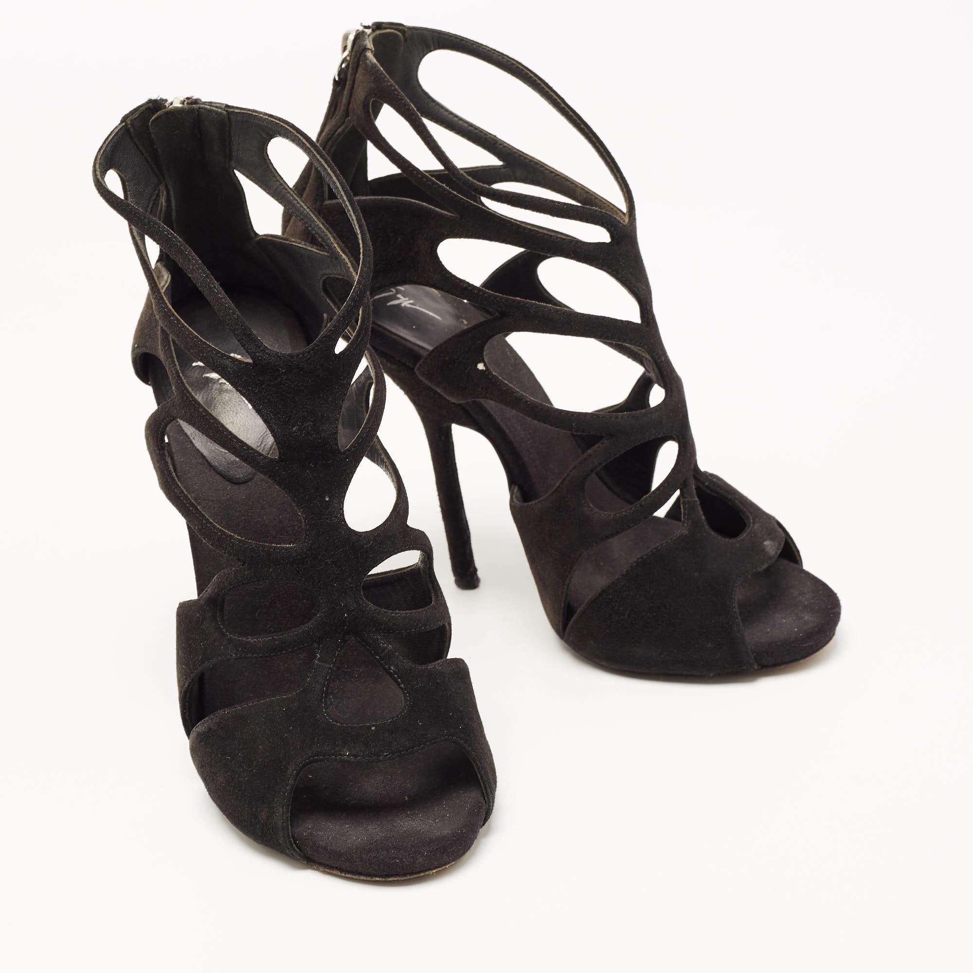 Women's Giuseppe Zanotti Black Suede Cut Out Ankle Strap Sandals Size 37 For Sale