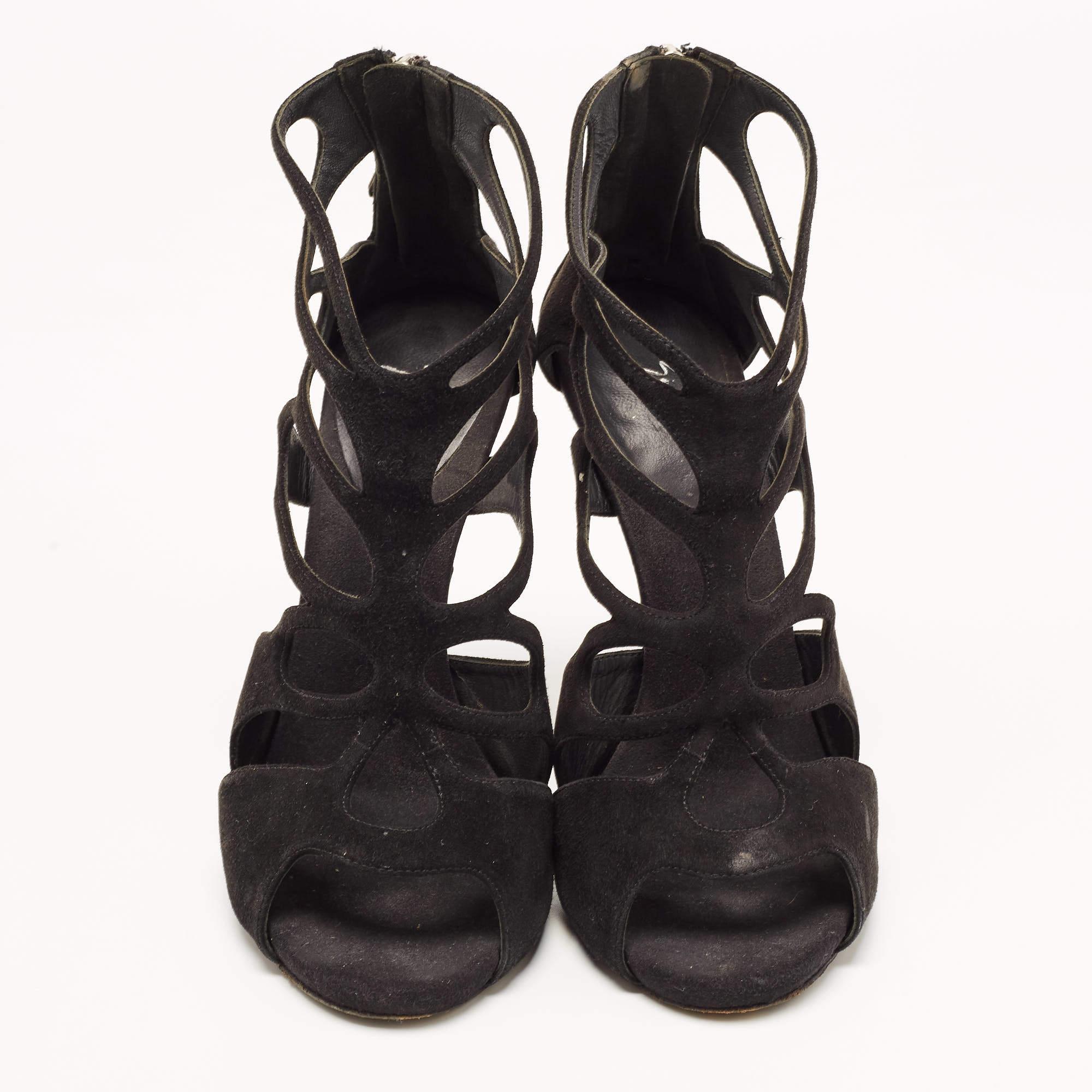 Giuseppe Zanotti Black Suede Cut Out Ankle Strap Sandals Size 37 For Sale 1