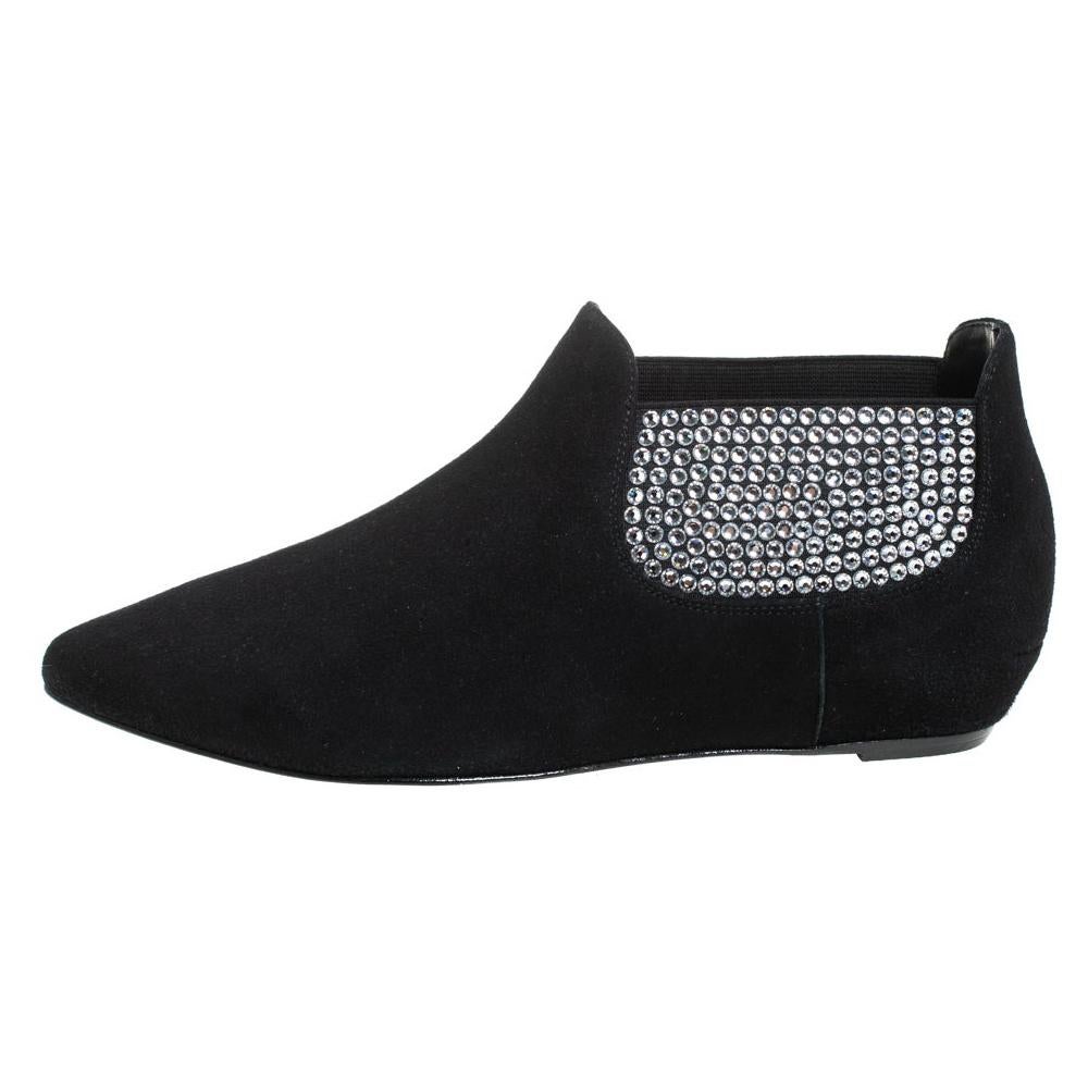 Giuseppe Zanotti Black Suede Embellished Flat Booties Size 36 For Sale
