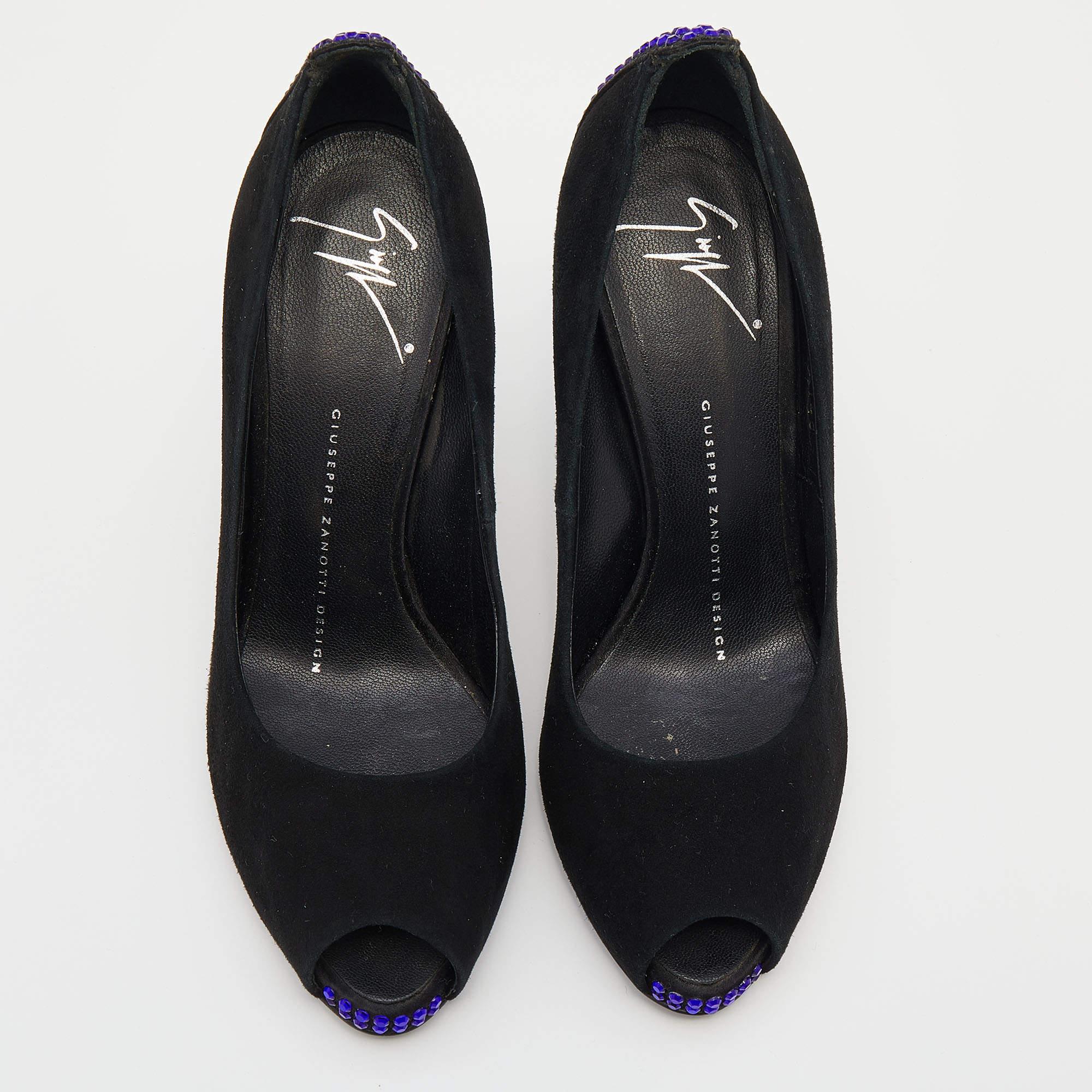 Giuseppe Zanotti Black Suede Embellished Peep Toe Pumps Size 36 In Fair Condition In Dubai, Al Qouz 2