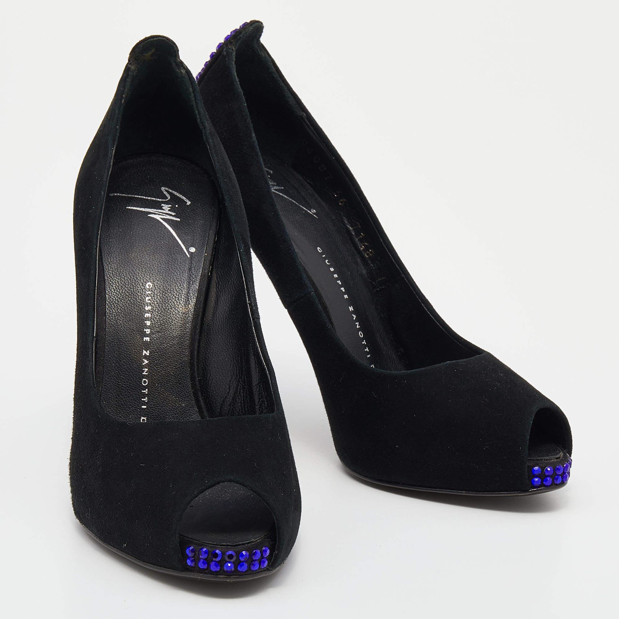 Women's Giuseppe Zanotti Black Suede Embellished Peep Toe Pumps Size 36
