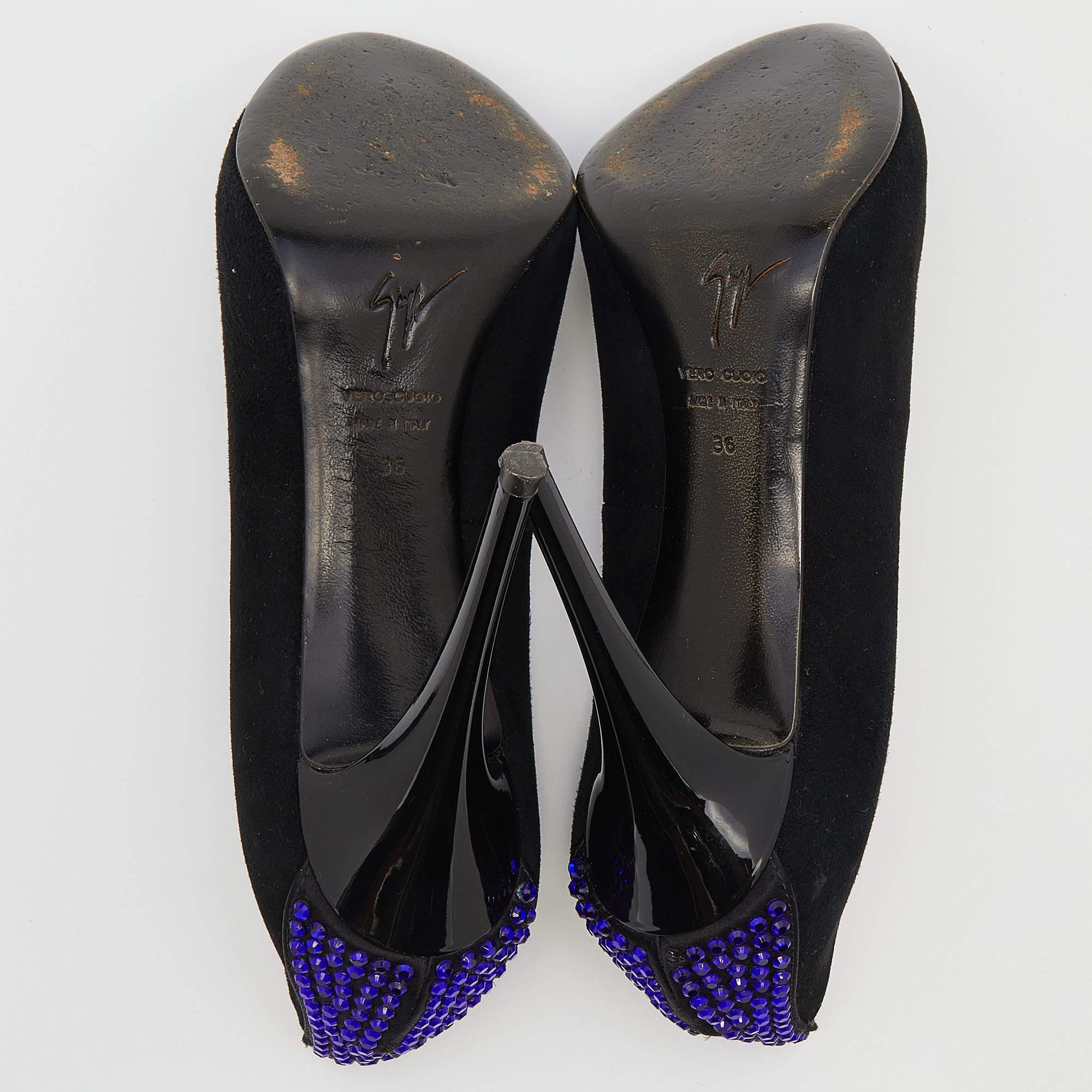 Giuseppe Zanotti Black Suede Embellished Peep Toe Pumps Size 36 2