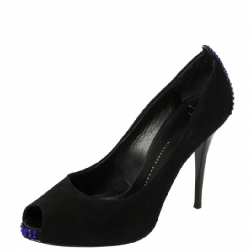 An exclusively designed pair for you to help you make a statement! These Giuseppe Zanotti pumps are crafted from black suede and styled with peep-toes. They are decorated with crystal embellishments on the toe tips and the counters and come equipped
