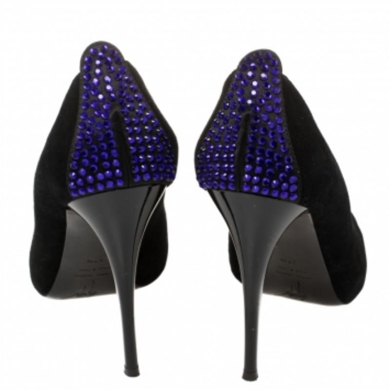 Women's Giuseppe Zanotti Black Suede Embellished Peep Toe Pumps Size 37.5 For Sale
