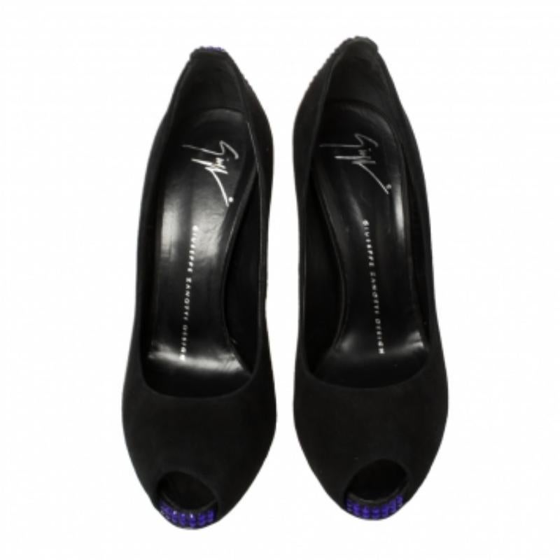 Giuseppe Zanotti Black Suede Embellished Peep Toe Pumps Size 37.5 For Sale 2