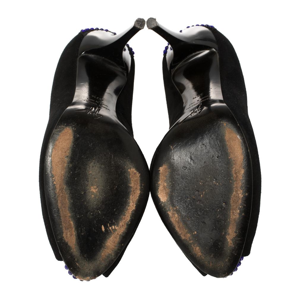 Giuseppe Zanotti Black Suede Embellished Peep Toe Pumps Size 37.5 For Sale 2