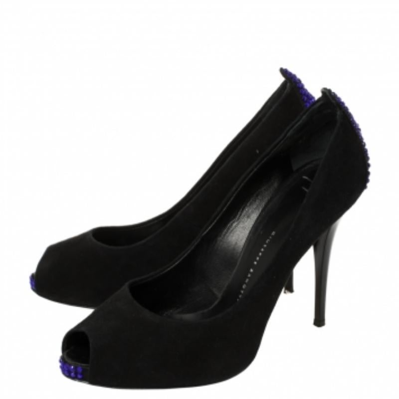 Giuseppe Zanotti Black Suede Embellished Peep Toe Pumps Size 37.5 For Sale 3