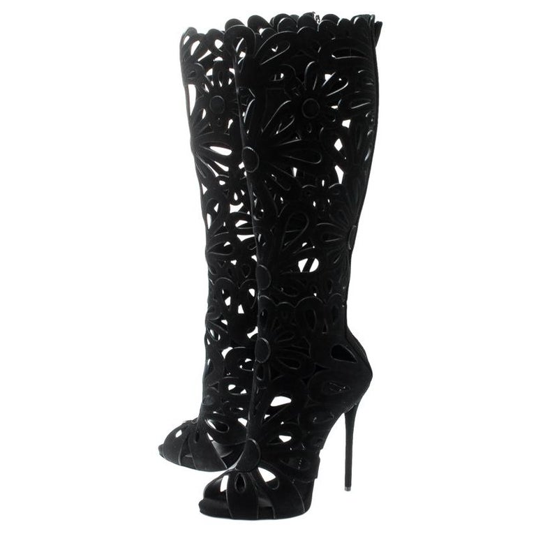 Giuseppe Zanotti Black Suede Floral Cut Out Knee Length Boots Size 37 For  Sale at 1stDibs