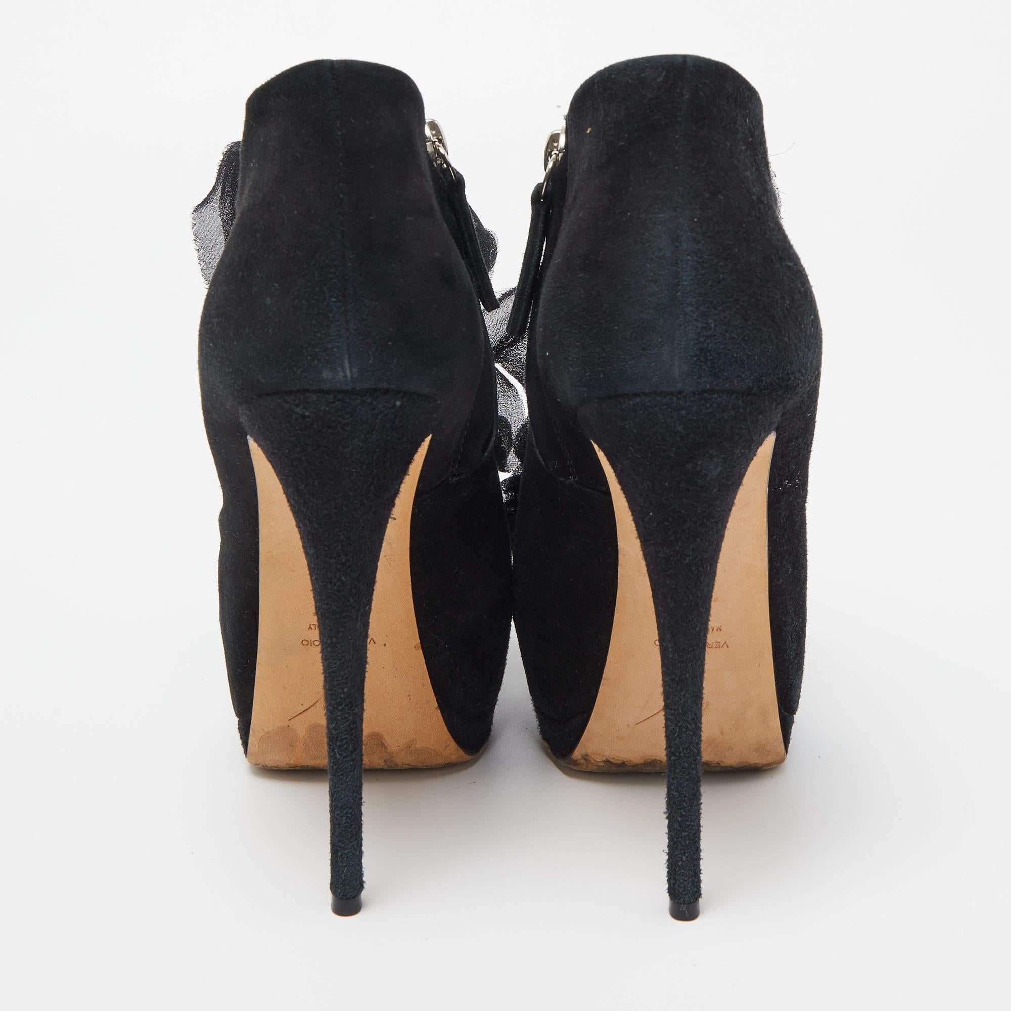Giuseppe Zanotti Black Suede Frill Peep Toe Ankle Boots Size 37 For Sale 1