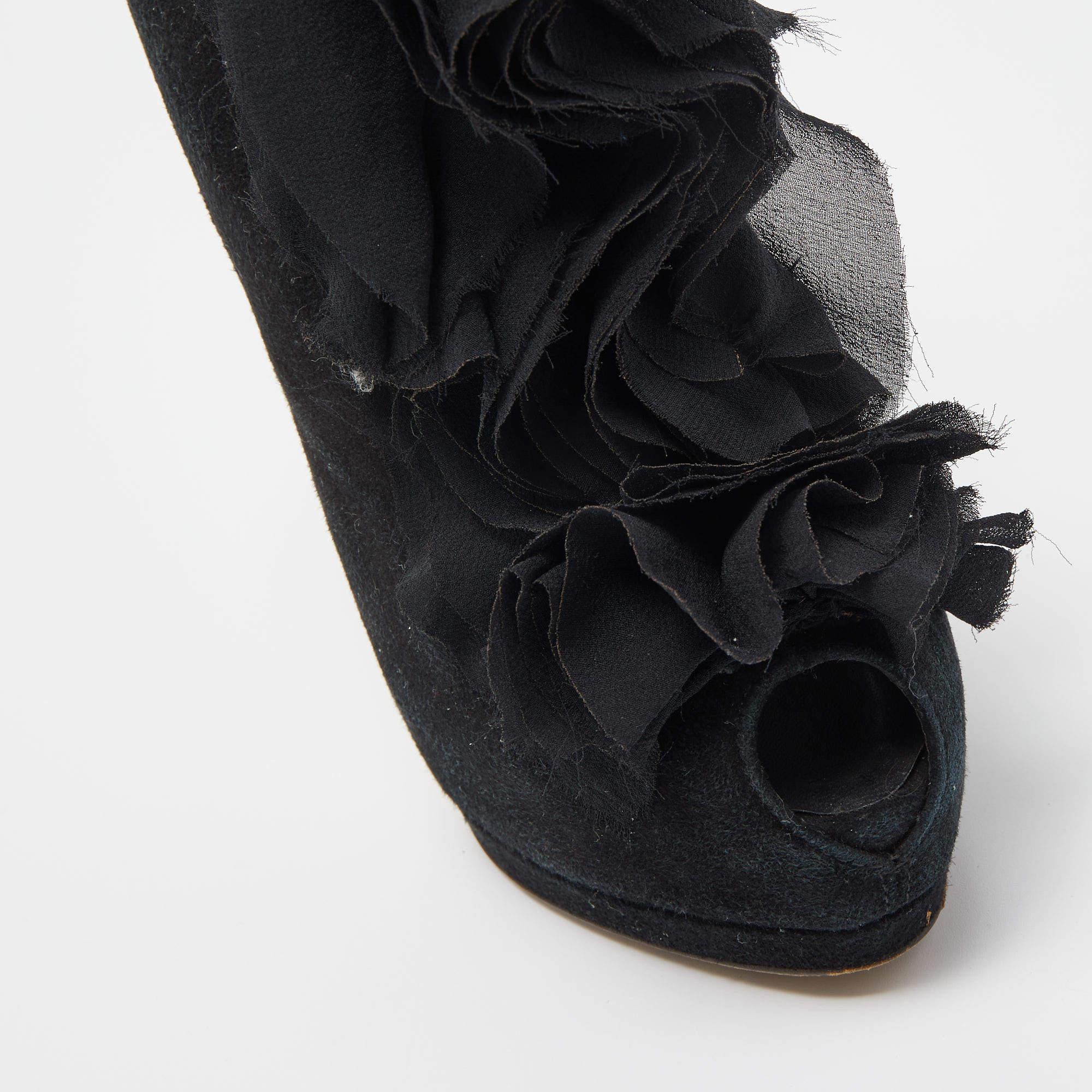 Giuseppe Zanotti Black Suede Frill Peep Toe Ankle Boots Size 37 For Sale 3