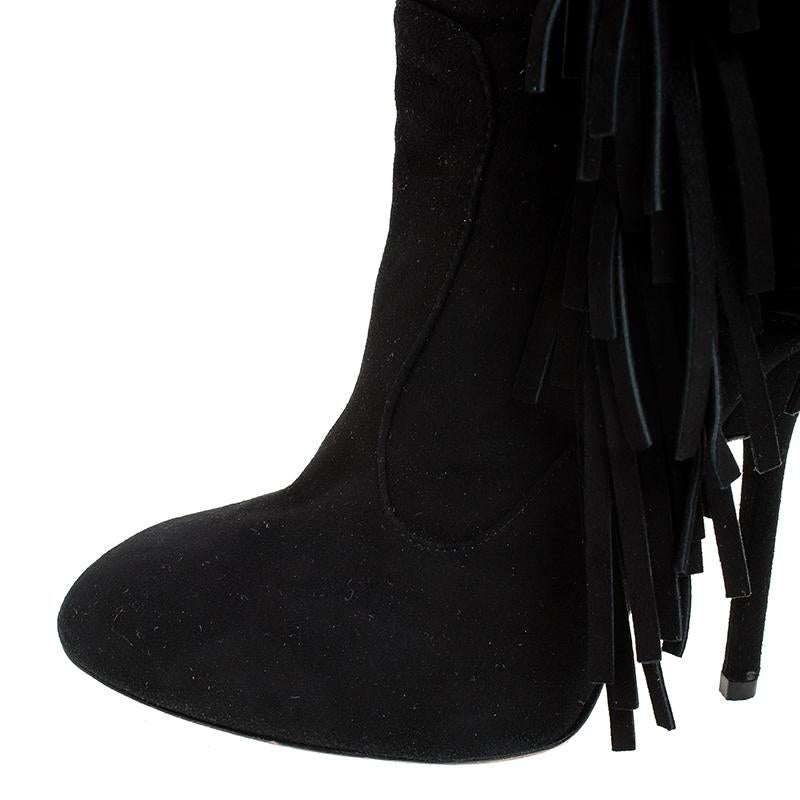 Women's Giuseppe Zanotti Black Suede Fringe Detail Mid Calf Boots Size 38.5