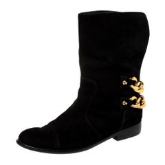 Giuseppe Zanotti Black Suede Gold Chain Link Ankle Length Boots Size 40