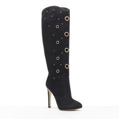 GIUSEPPE ZANOTTI black suede gold crystal eyelet high heel tall boots EU37