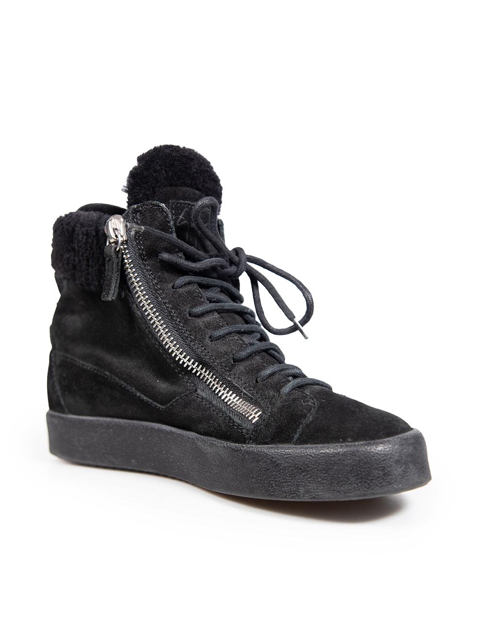 CONDITION is Very good. Minimal wear to the trainers is evident. The internal brand label has faded. There is slight pilling to the suede on the front of the trainers and mild discolouration on the front and rear of this used Giuseppe Zanotti