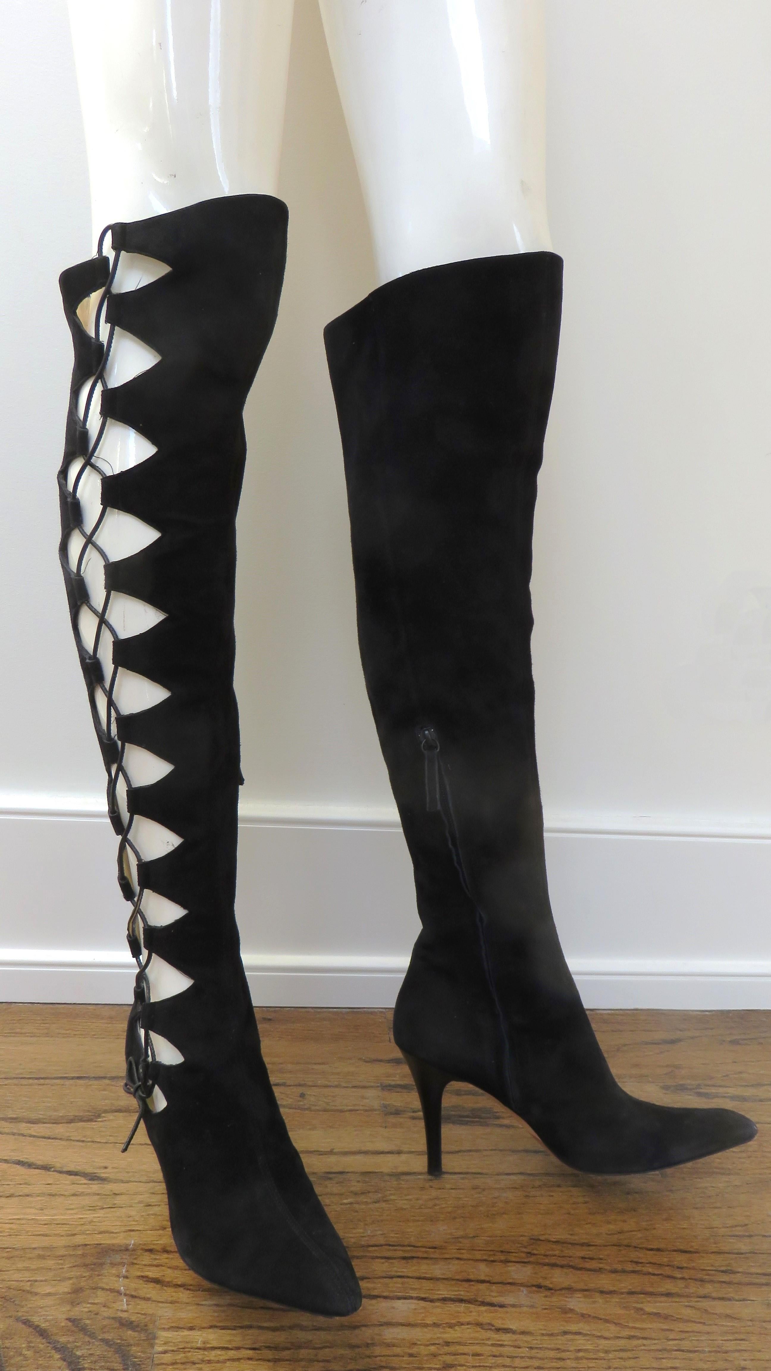 Giuseppe Zanotti Black Suede Lace up Cutout Thigh High Boots Size 9 In Good Condition For Sale In Water Mill, NY