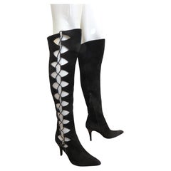 Vintage Giuseppe Zanotti Black Suede Lace up Cutout Thigh High Boots Size 9