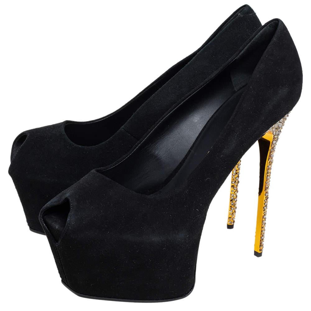 Women's Giuseppe Zanotti Black Suede Liza Peep Toe Platform Pumps Size 41