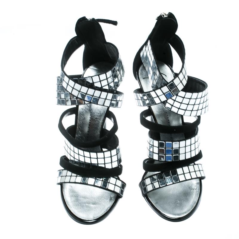 Giuseppe Zanotti Black Suede Mirror Strappy Sandals Size 36.5 In Excellent Condition For Sale In Dubai, Al Qouz 2