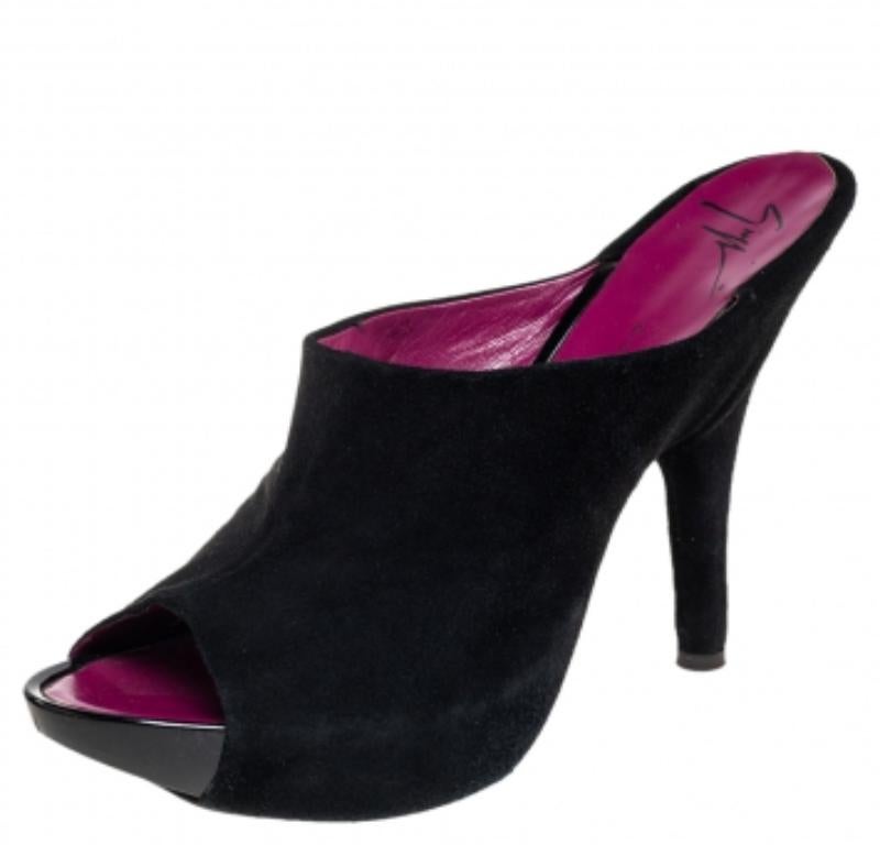 Giuseppe Zanotti Schwarze Pantoletten aus Wildleder mit offener Zehe Größe 40,5 im Angebot 6