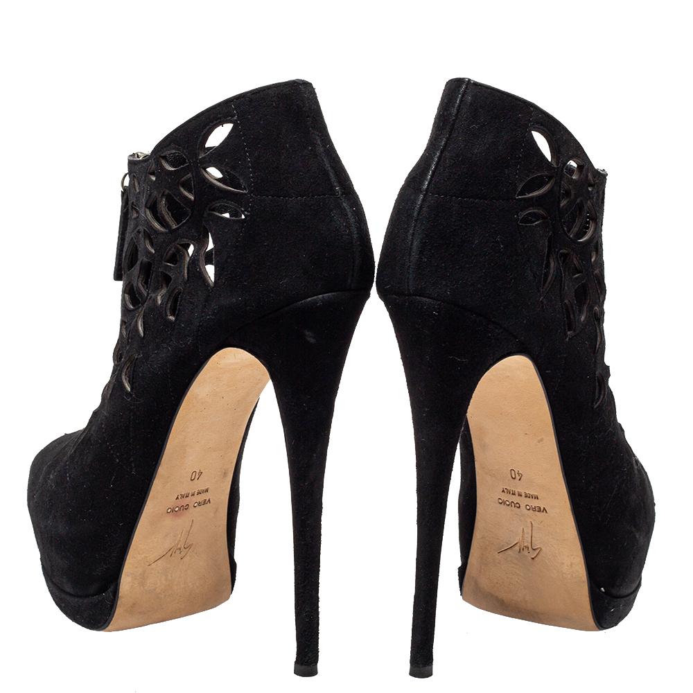 Women's Giuseppe Zanotti Black Suede Peep Toe Front Zipper Detail Ankle Boots Size 40