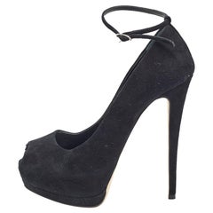 Used Giuseppe Zanotti Black Suede Peep Toe Platform Ankle Strap Pumps Size 38.5